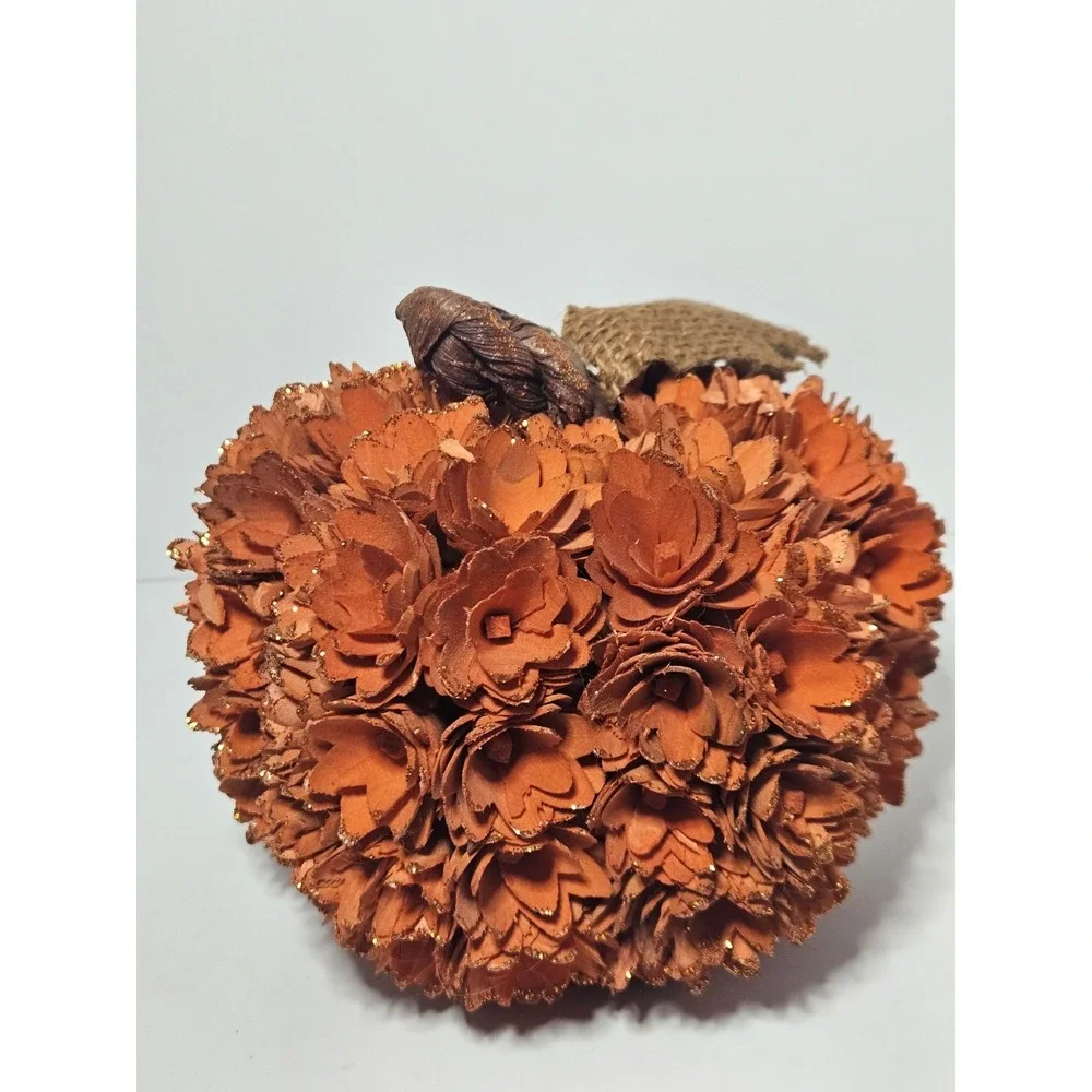 Rustic Wood Curl Shaved Woodchip Pumpkin Fall Harvest Decor Orange Floral Burlap
